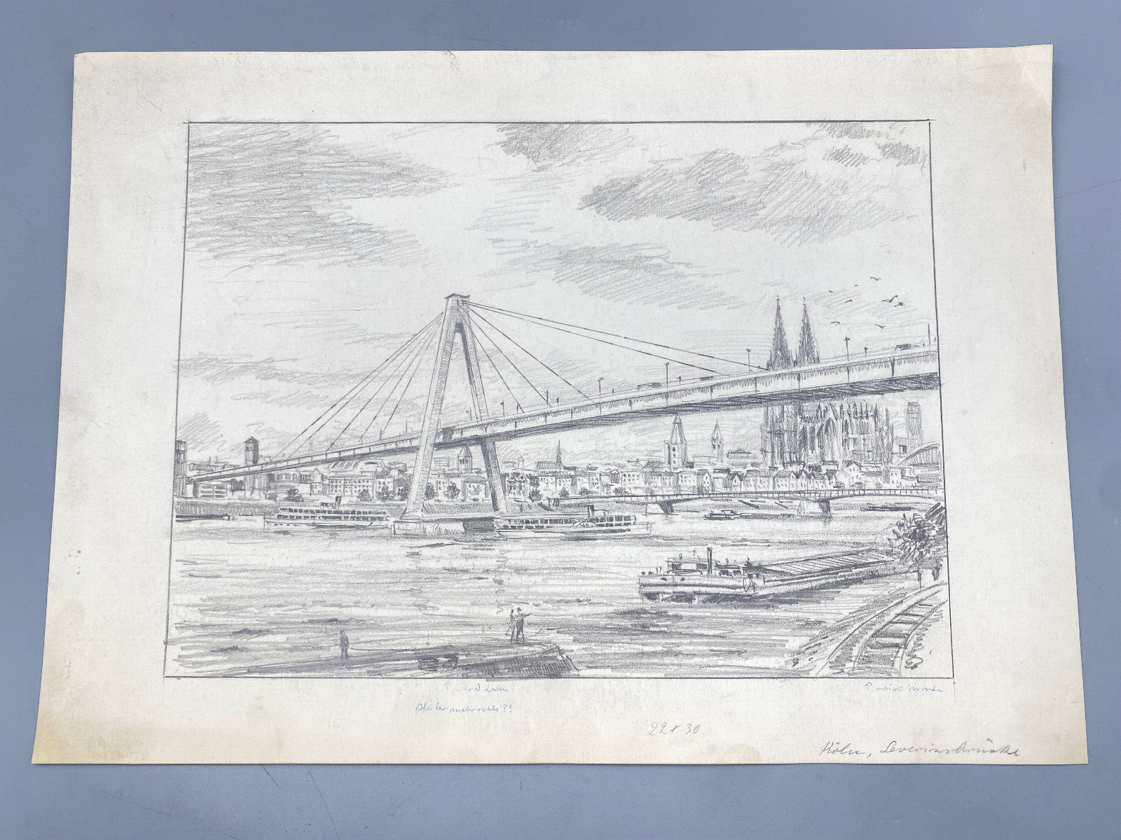 HEINZ WEHLISCH ZEICHNUNG KÖLN LEVERIUS BRÜCKE ORIGINAL HANDSIGNIERT