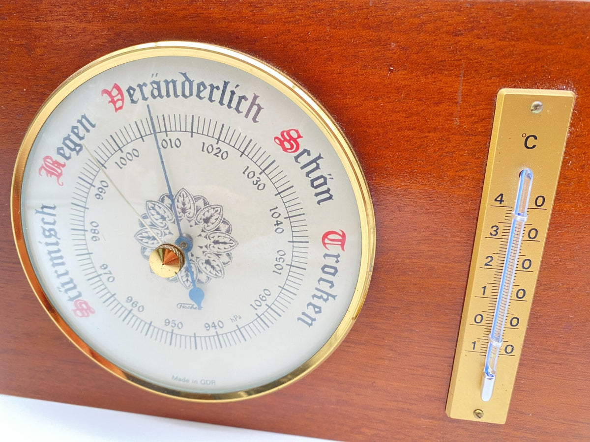 ALTE WETTERSTATION THERMOMETER BAROMETER FISCHER HOLZ VINTAGE DDR GDR