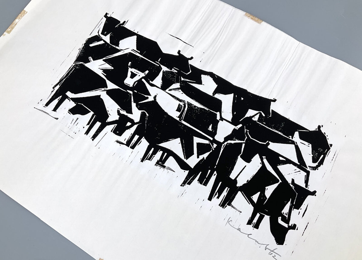 *LINOLSCHNITT WALTER KALOT RINDERHERDE OCHSEN SIGNIERT 1962 ORIGINAL EXPRESSIV