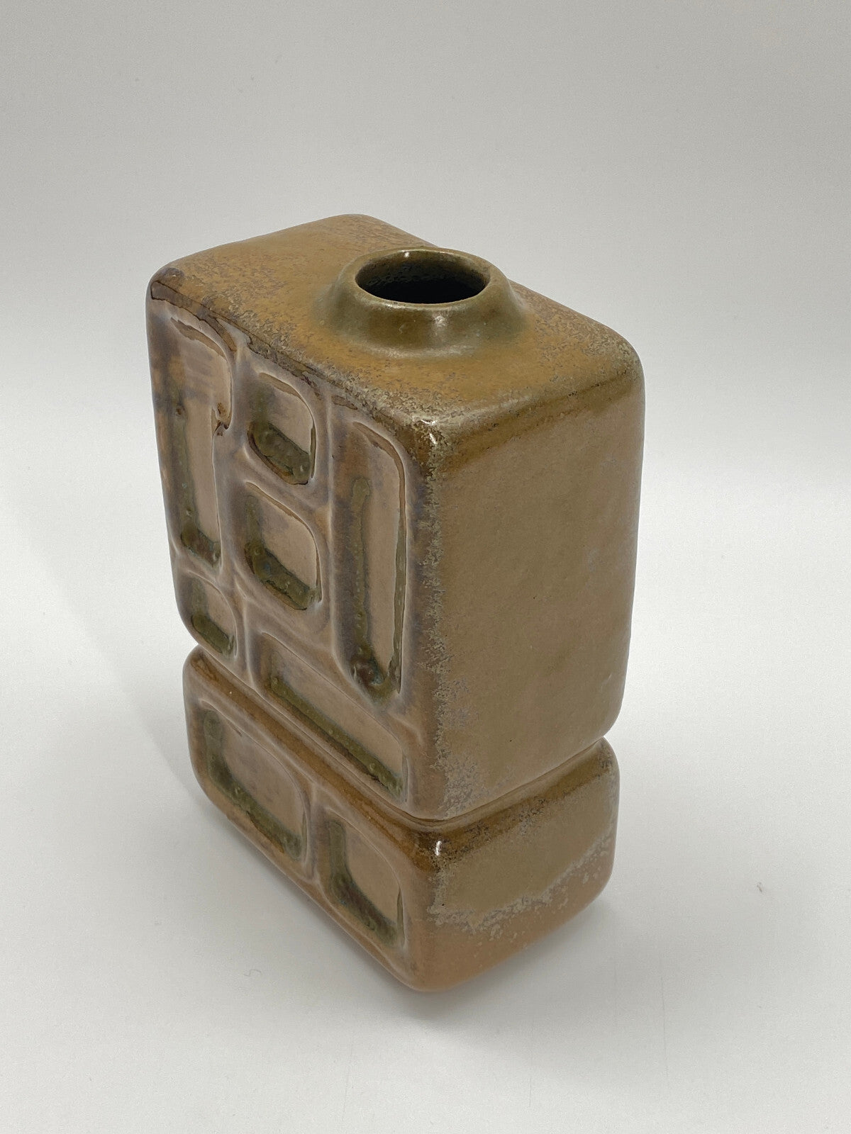 * VASE MID CENTURY DESIGN ECKIG GEOMETRISCH RELIEF GERMAN 70ER LAVA