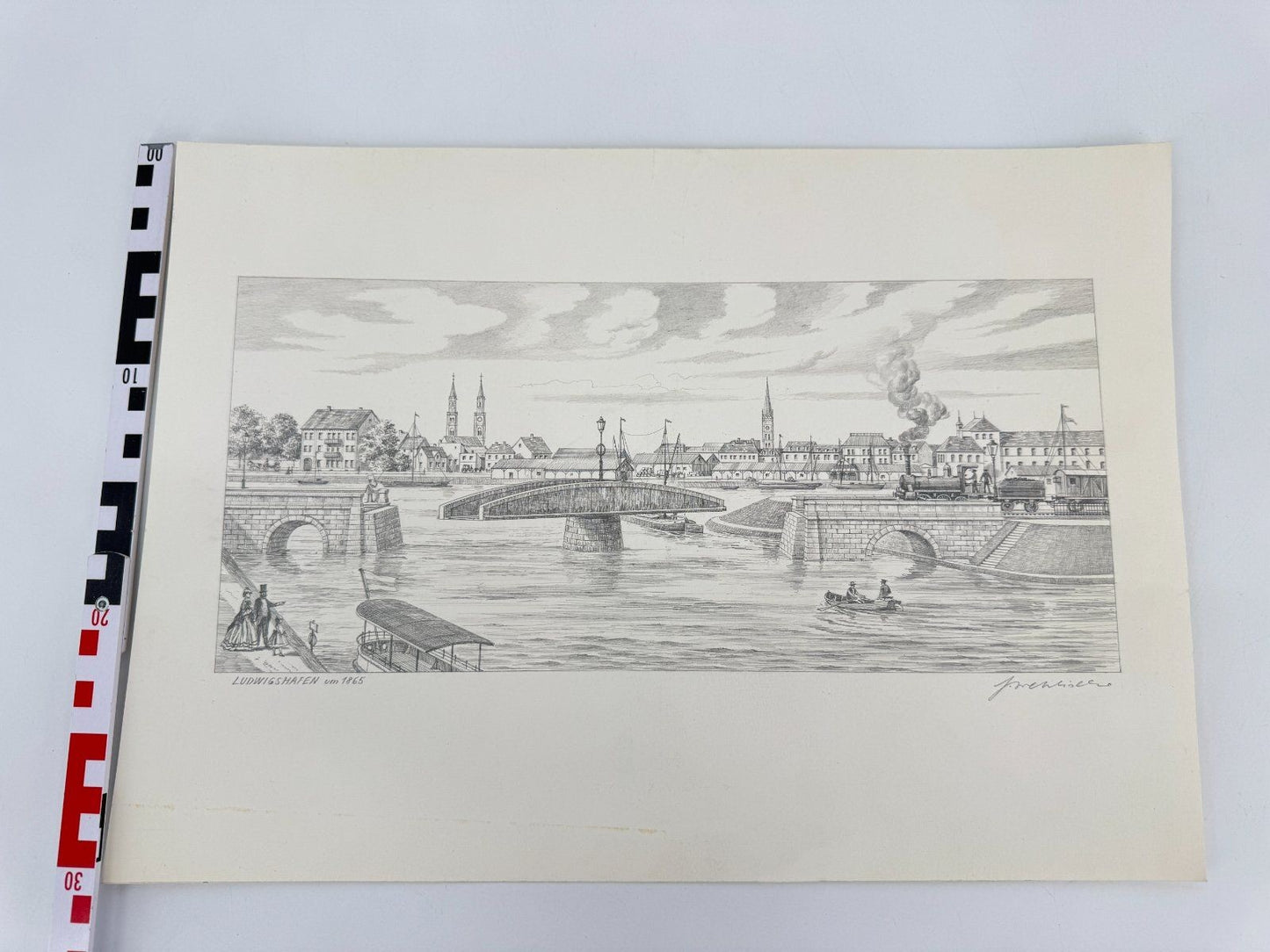 * HEINZ WEHLISCH ZEICHNUNG LUDWIGSHAFEN UM 1865 ANSICHT SIGNIERT