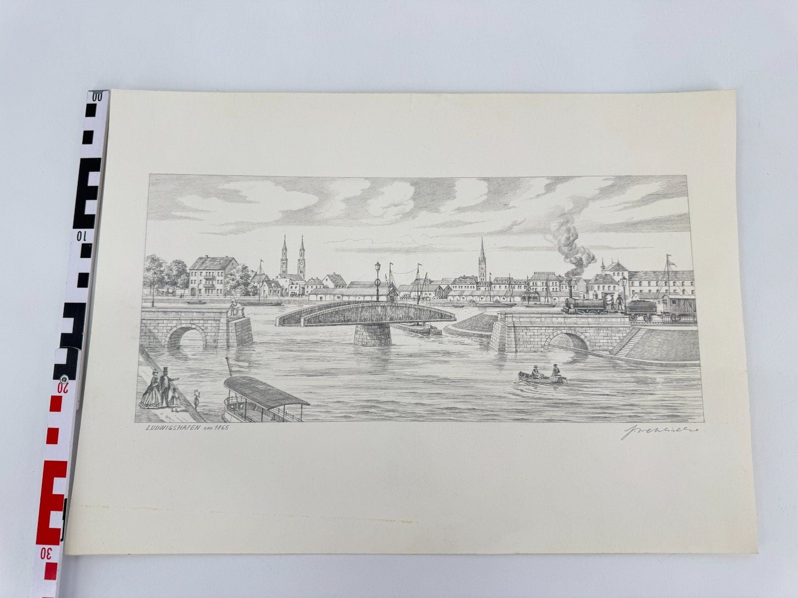 * HEINZ WEHLISCH ZEICHNUNG LUDWIGSHAFEN UM 1865 ANSICHT SIGNIERT