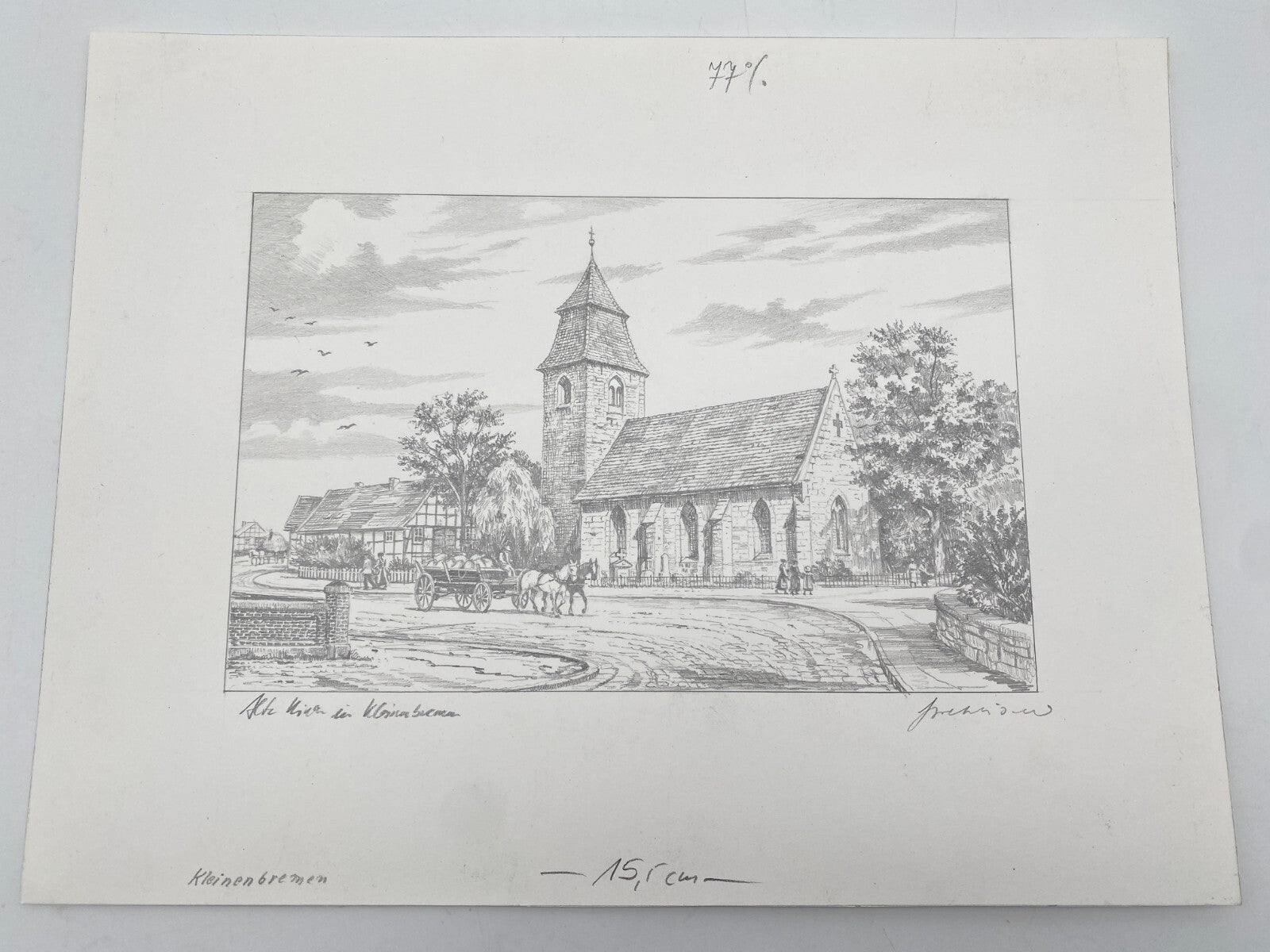 HEINZ WEHLISCH ZEICHNUNG ALTE KIRCHE KLEINENBREMEN  SIGNIERT