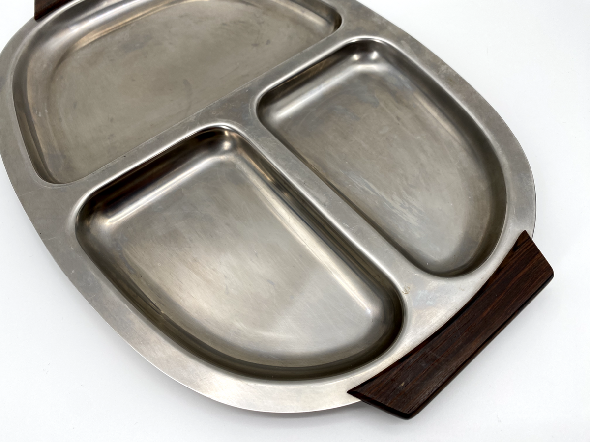 * EDELSTAHL TABLETT SERVIER OVAL UNTERTEILUNG SNACKS DANISH DESIGN PALISANDER 60