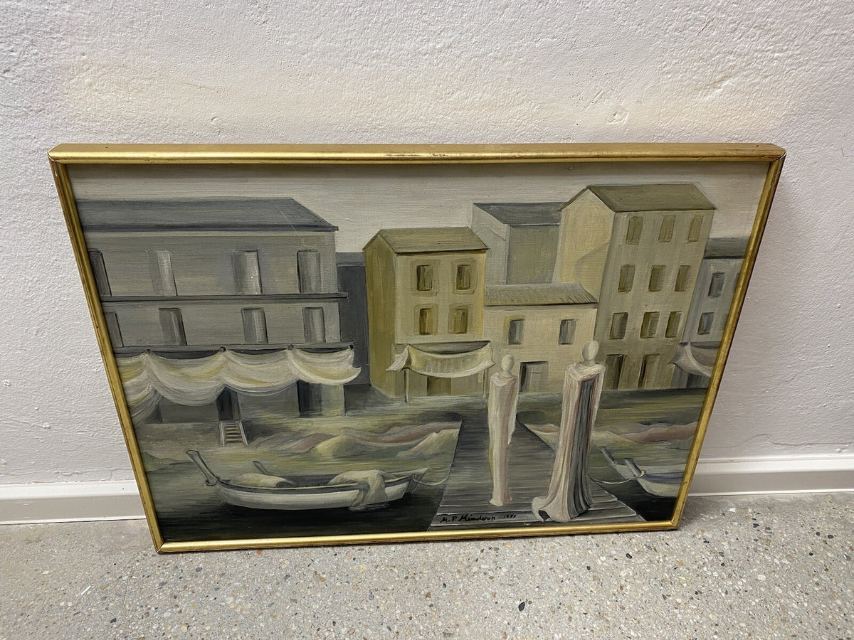 * GEMÄLDE ACRYLGEMÄLDE M.P. MINDVON / MIDNERON 1971 PASTELL HAFEN STEG