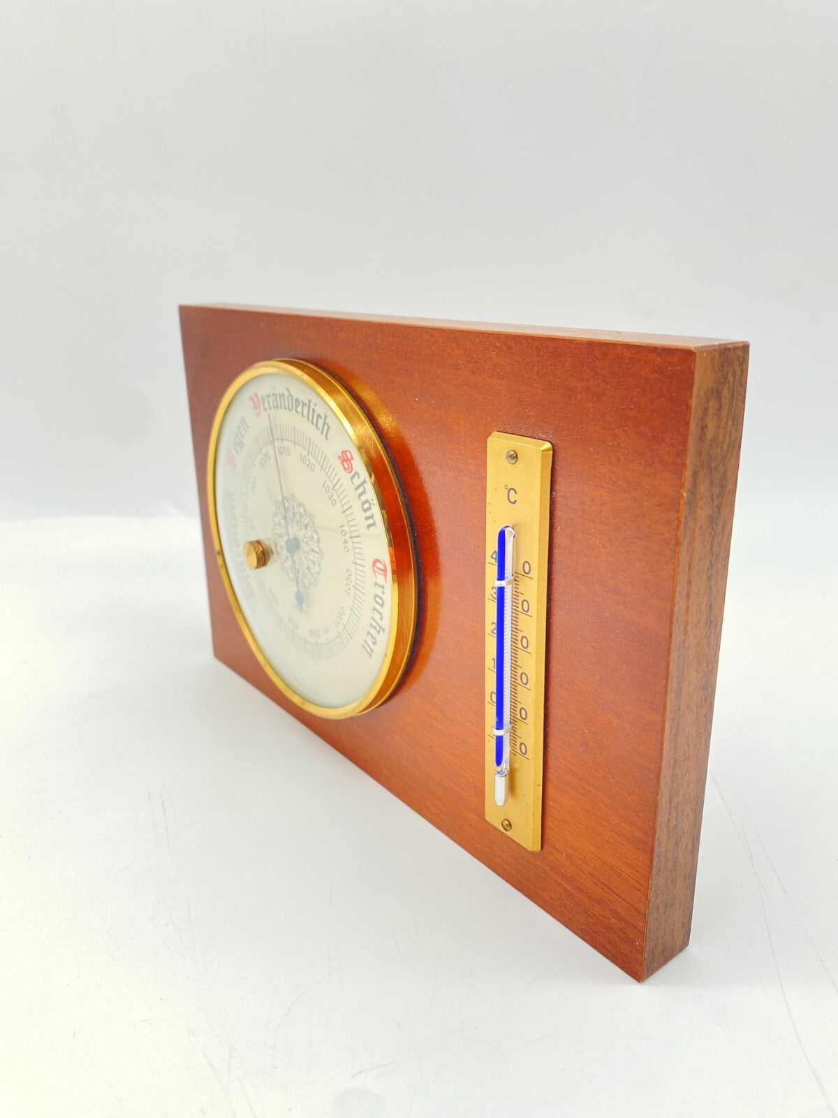 ALTE WETTERSTATION THERMOMETER BAROMETER FISCHER HOLZ VINTAGE DDR GDR