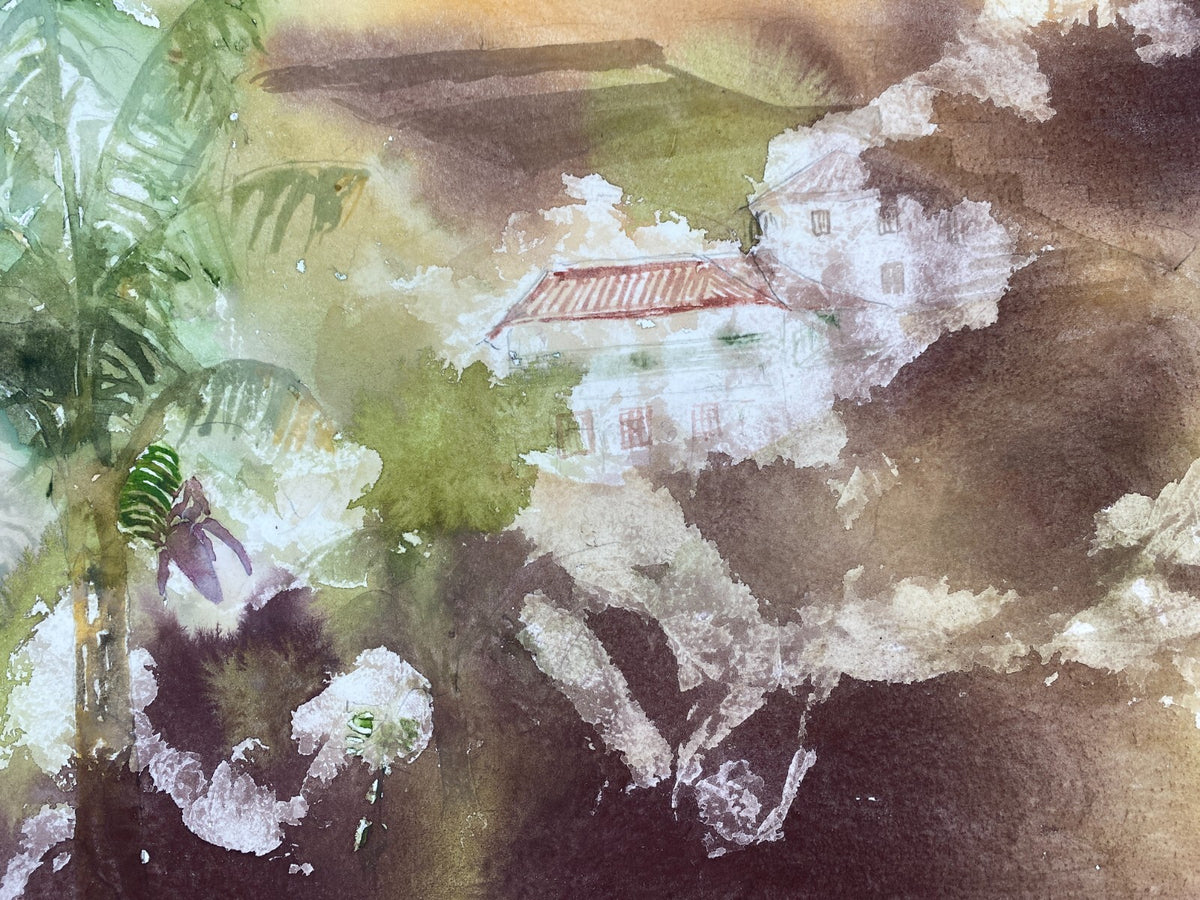 *AQUARELLGEMÄLDE ITALIEN LANDSCHAFT PALME MEDITERRAN VILLA SIGRID HANNSE 90ER