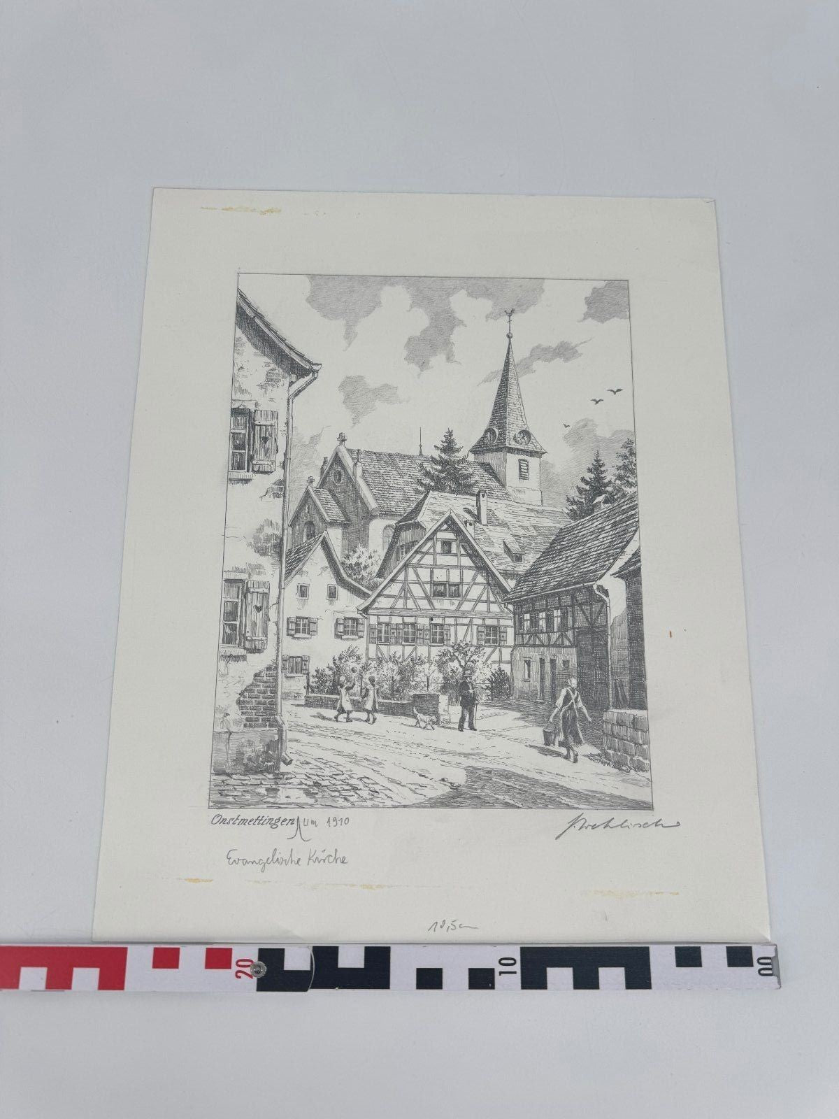 * HEINZ WEHLISCH ZEICHNUNG ONSTMETTINGEN KIRCHE 1910 ANSICHT SIGN