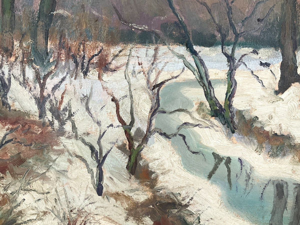*ÖLGEMÄLDE G. BERGER WALDANSICHT BACH WINTER 20. JH LEINWAND