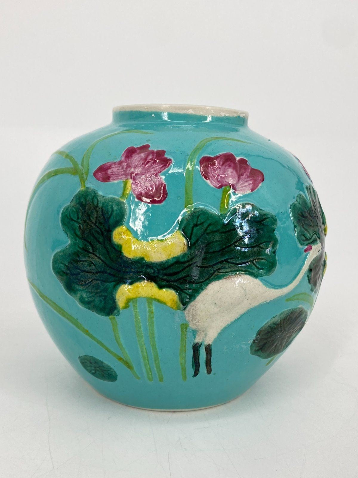 * CHINESISCHE KERAMIK VASE KRANICH SEEROSE RELIEF TÜRKIS VINTAGE