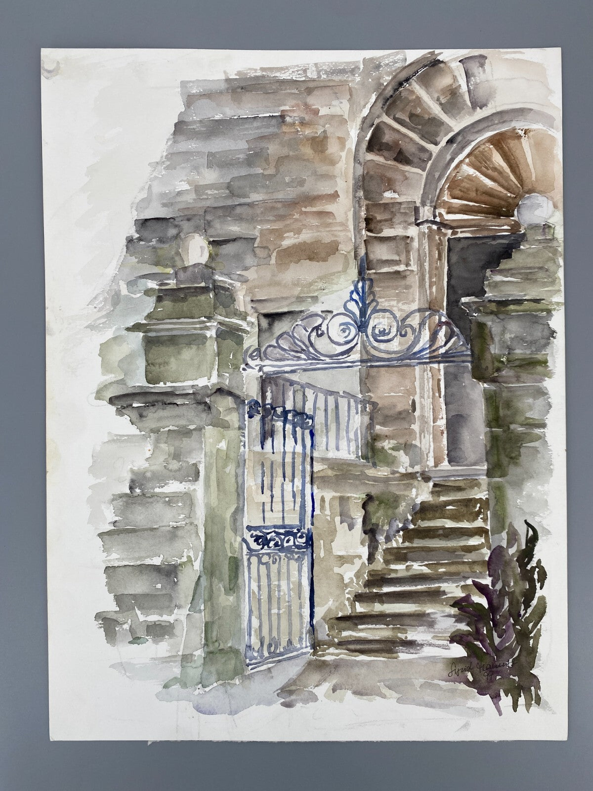 *AQUARELLGEMÄLDE GEBÄUDEANSICHT ITALIEN PORTAL EISENTOR SIGRID HANNSE 997 UNIKAT