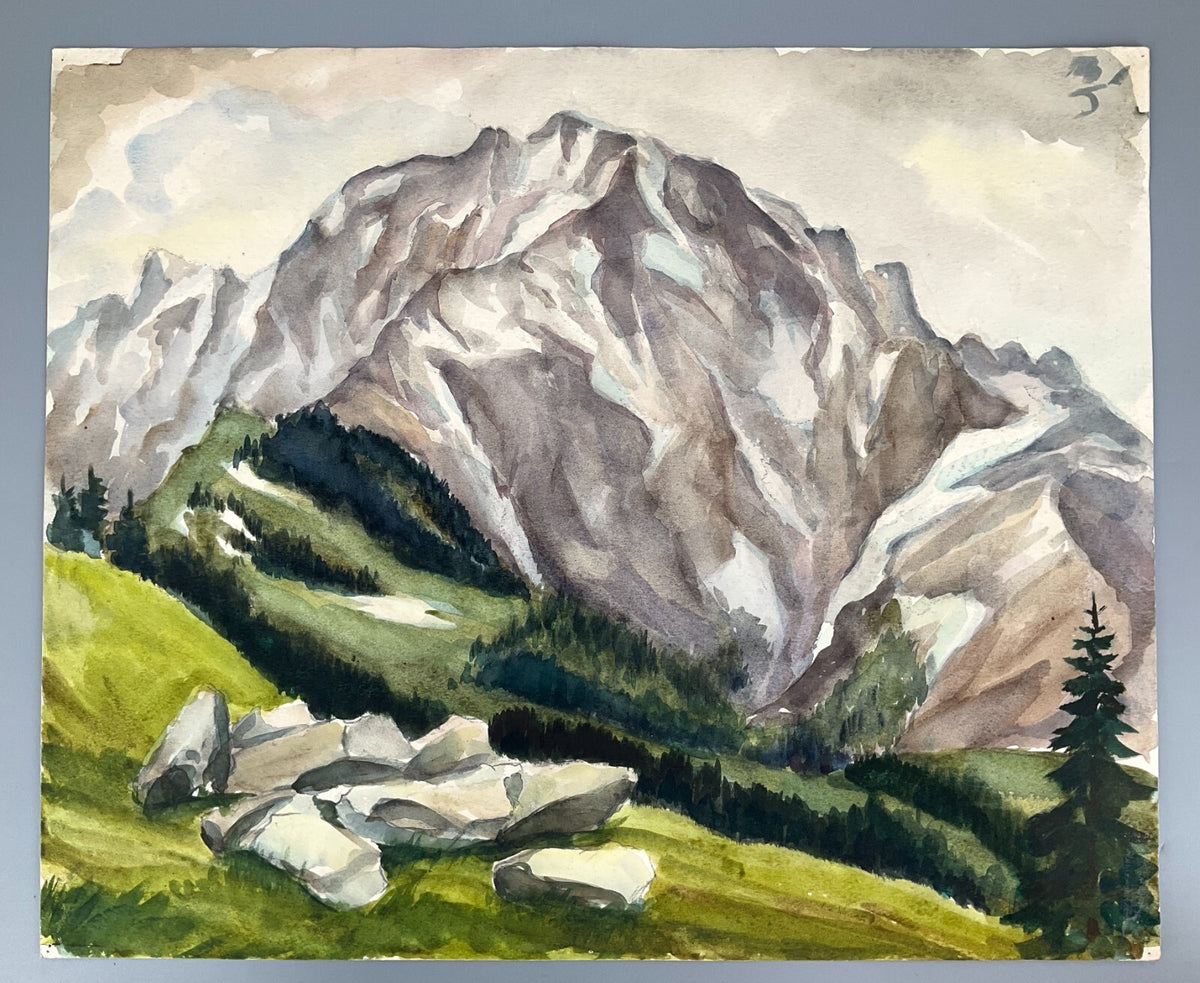 *GEMÄLDE TEICH MIT HÄUSER ZWEISEITIG BERG AQUARELL SIGNIERT PASTELLFARBE UNIKAT