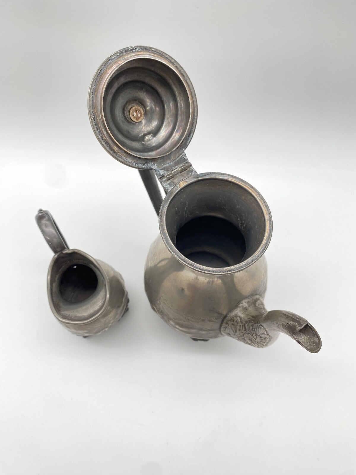 ANTIKES ZINN KAFFEE MOKKA TEEGESCHIRR ENGLAND 1900 JAHRHUNDERT BLUMENMUSTER