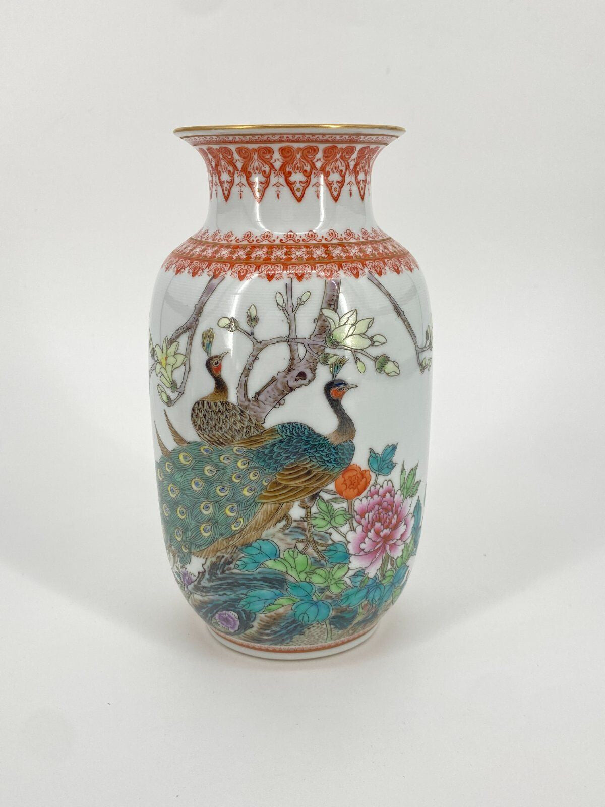 * VASE PORZELLAN CHINA GEDICHT PFAUEN VÖGEL BLUMEN VINTAGE