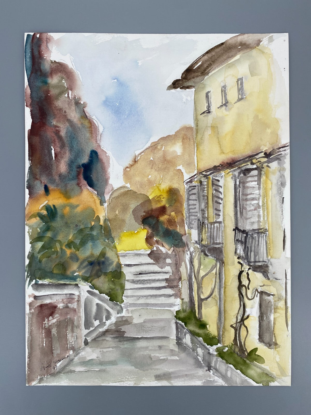 *AQUARELLGEMÄLDE LANDSCHAFT ITALIEN VILLA STEINTREPPE SIGRID HANNSE 1997 UNIKAT