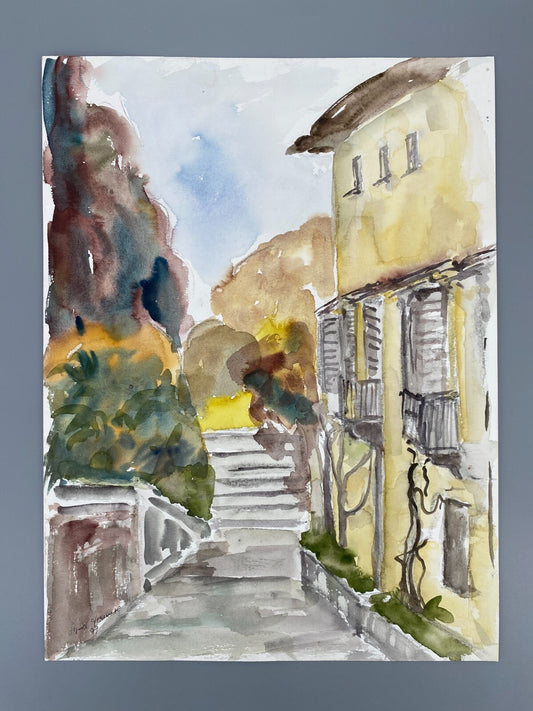 *AQUARELLGEMÄLDE LANDSCHAFT ITALIEN VILLA STEINTREPPE SIGRID HANNSE 1997 UNIKAT