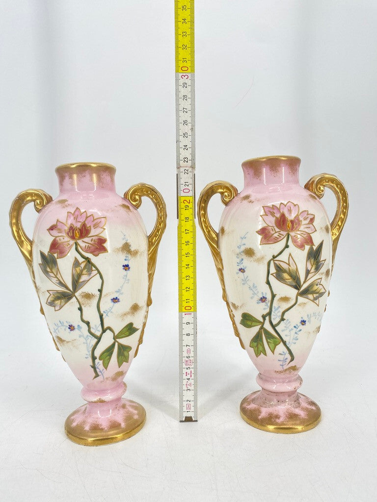 * 2 x VASE PRUNKVASE HENKELVASE BONN FRANZ ANTON MEHLEM PORZELLAN GOLD FLORAL