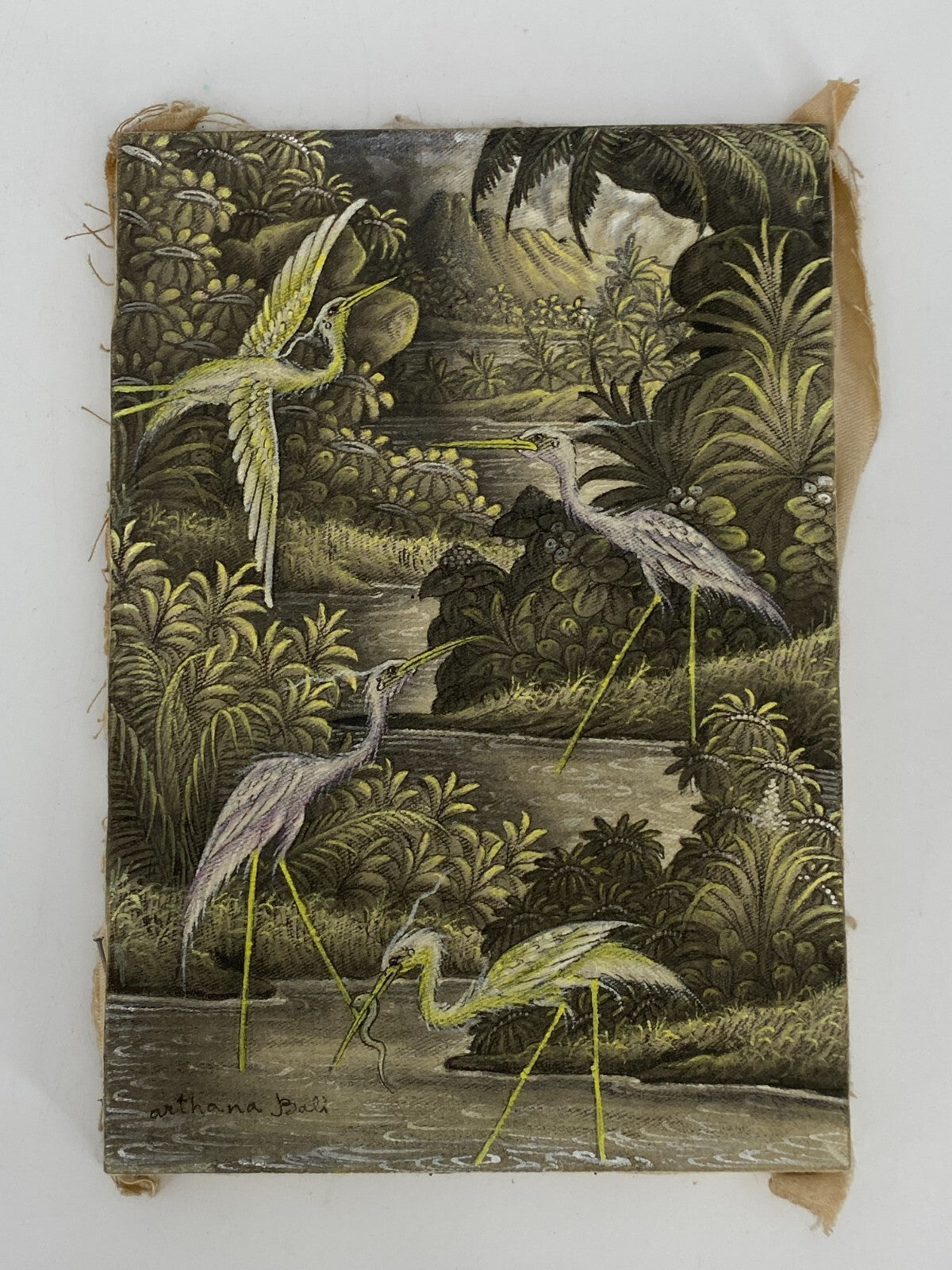 * REIHER BALI 80ER GEMÄLDE ARTHANA PELIATAN UBUD BILD ACRYL LEINWAND VINTAGE