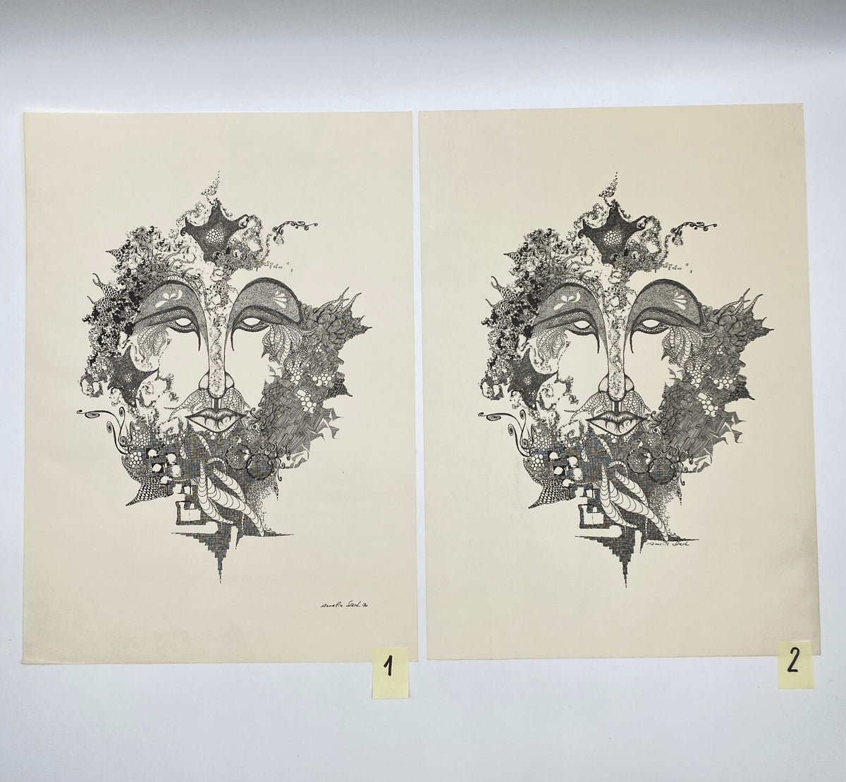 * 1v2 ANNELIE STÄRK GRAFIK DRUCK ABSTRAKT SURREAL GESICHT ZEICHNUNG SIGNIERT 70