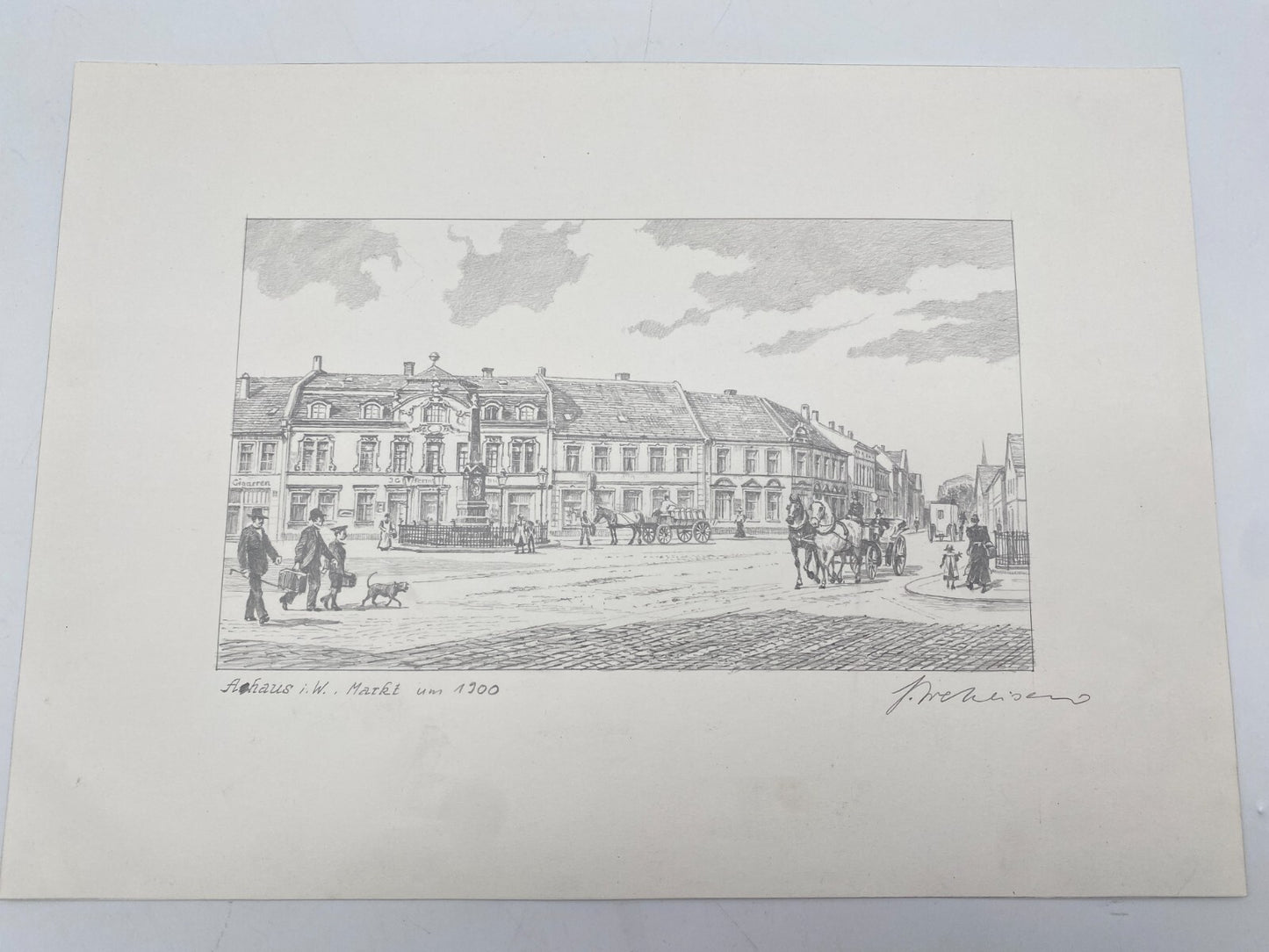 KÜNSTLER HEINZ WEHLISCH ZEICHNUNG AHAUS WESTFALEN MARKT UM 1900 SIGNIERT