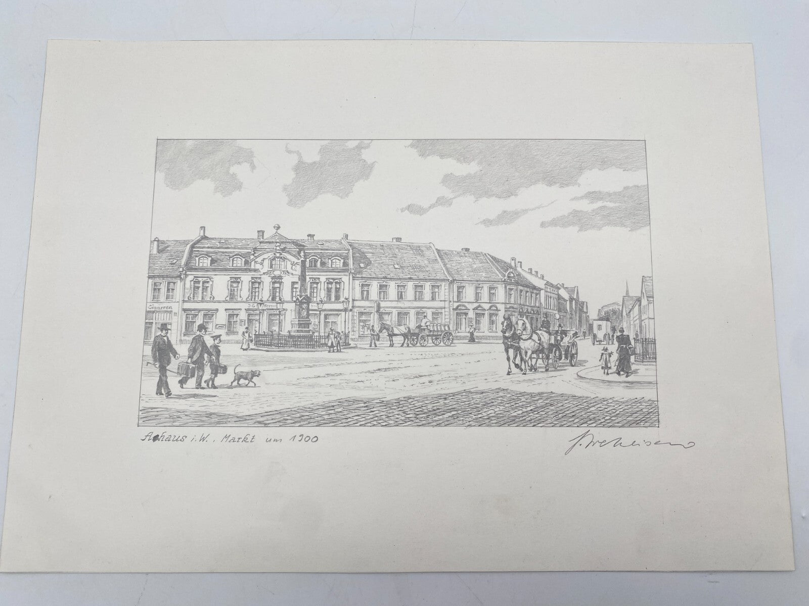 KÜNSTLER HEINZ WEHLISCH ZEICHNUNG AHAUS WESTFALEN MARKT UM 1900 SIGNIERT