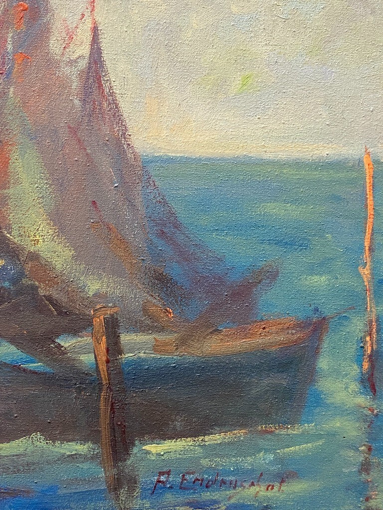 * ÖLGEMÄLDE GEMÄLDE AUGUST ENDRUSCHAT SEGELBOOT HAFEN MEER VINTAGE SIGNIERT
