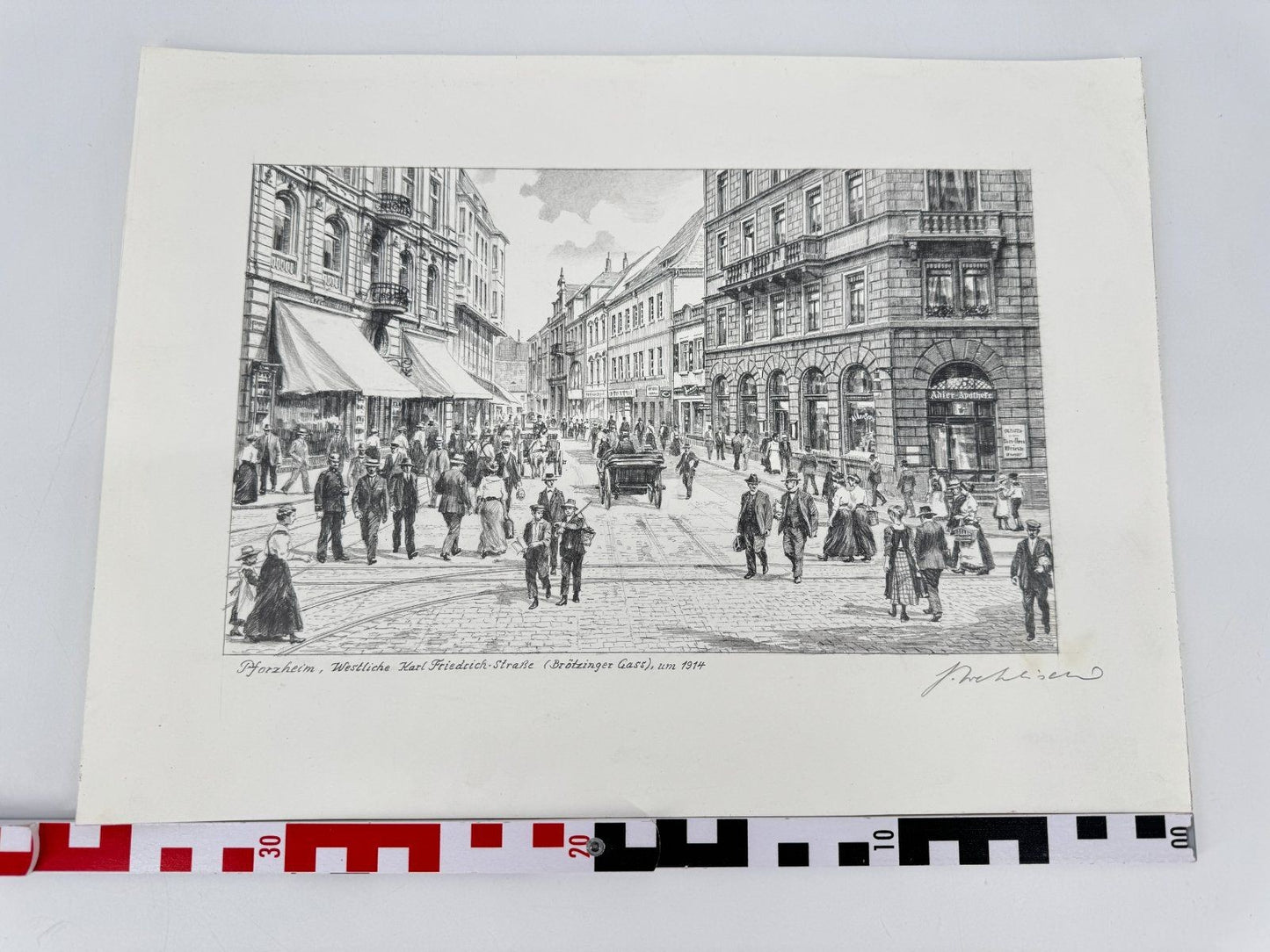 * HEINZ WEHLISCH ZEICHNUNG PFORZHEIM BRÖTZINGER GASS UM 1914 ANSICHT