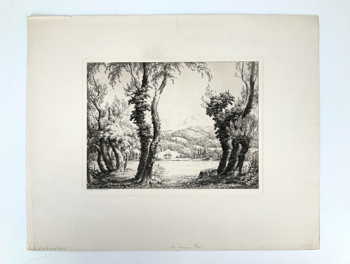 *RADIERUNG GEORG BROEL AM SONNIGEN RHEIN LANDSCHAFT JUGENDSTIL 1920 ORIGINAL