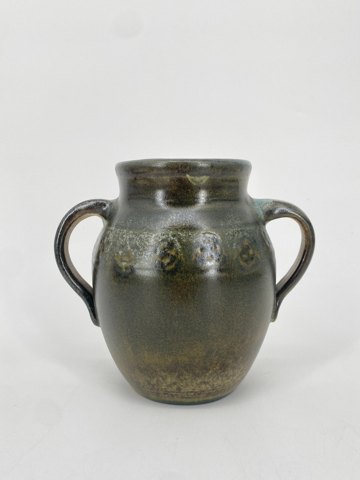 * STUDIO KERAMIK HENKEL VASE AMPHORE KRUG GEFÄß GRÜN BRAUN 15,5CM VINTAGE