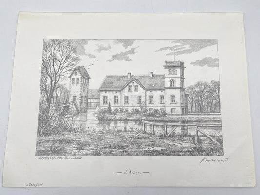 HEINZ WEHLISCH ZEICHNUNG STEINFURT BISPINGHOF ALTES HERRENHAUS HANDSIGNIERT