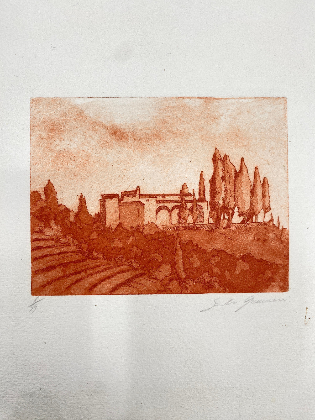 * RADIERUNG KUPFERSTICH ROT KUPFER TOSKANA MEDITERRANE LANDSCHAFT SIGNIERT