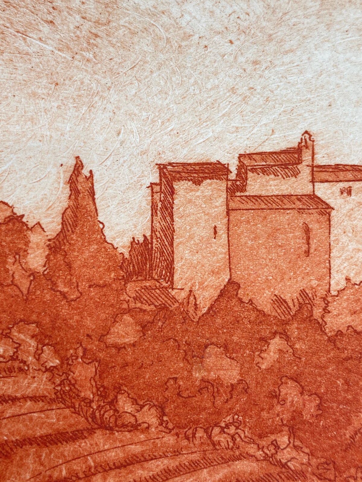 * RADIERUNG KUPFERSTICH ROT KUPFER TOSKANA MEDITERRANE LANDSCHAFT SIGNIERT