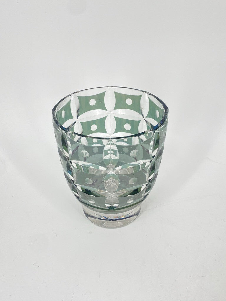 * VASE BÖHMISCHES GLAS ART DECO TOPF TÜRKIS BLAU GRÜN GESCHLIFFEN PUNKTE
