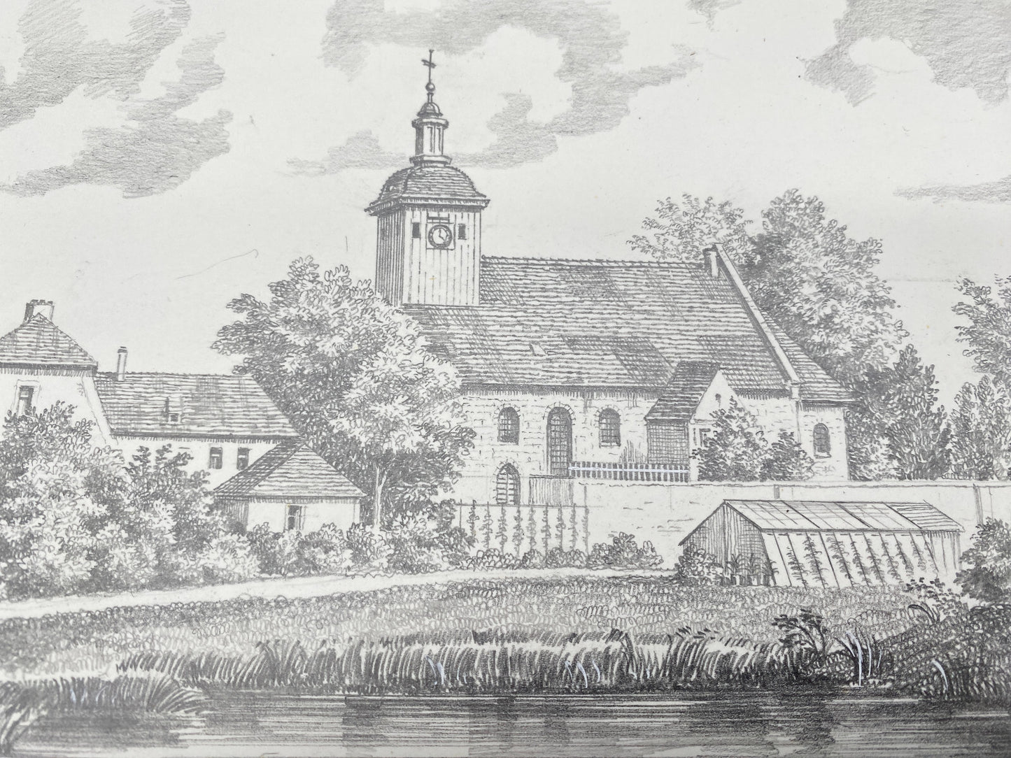 HEINZ WEHLISCH ZEICHNUNG BERLIN DIE DORFKIRCHE TEMPELHOF UM 1840 HANDSIGNIERT