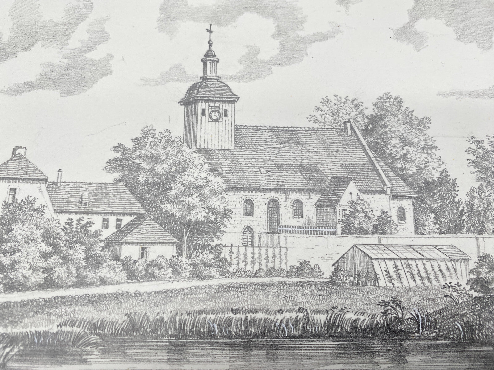 HEINZ WEHLISCH ZEICHNUNG BERLIN DIE DORFKIRCHE TEMPELHOF UM 1840 HANDSIGNIERT