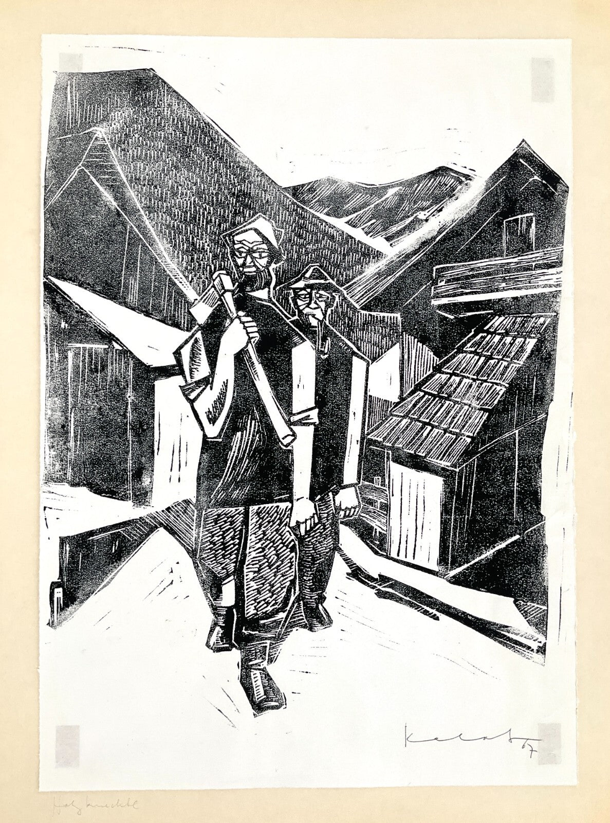 *LINOLSCHNITT WALTER KALOT HOLZKNECHTE 1967 ORIGINAL EXPRESSIONISMUS HOLZFÄLLER
