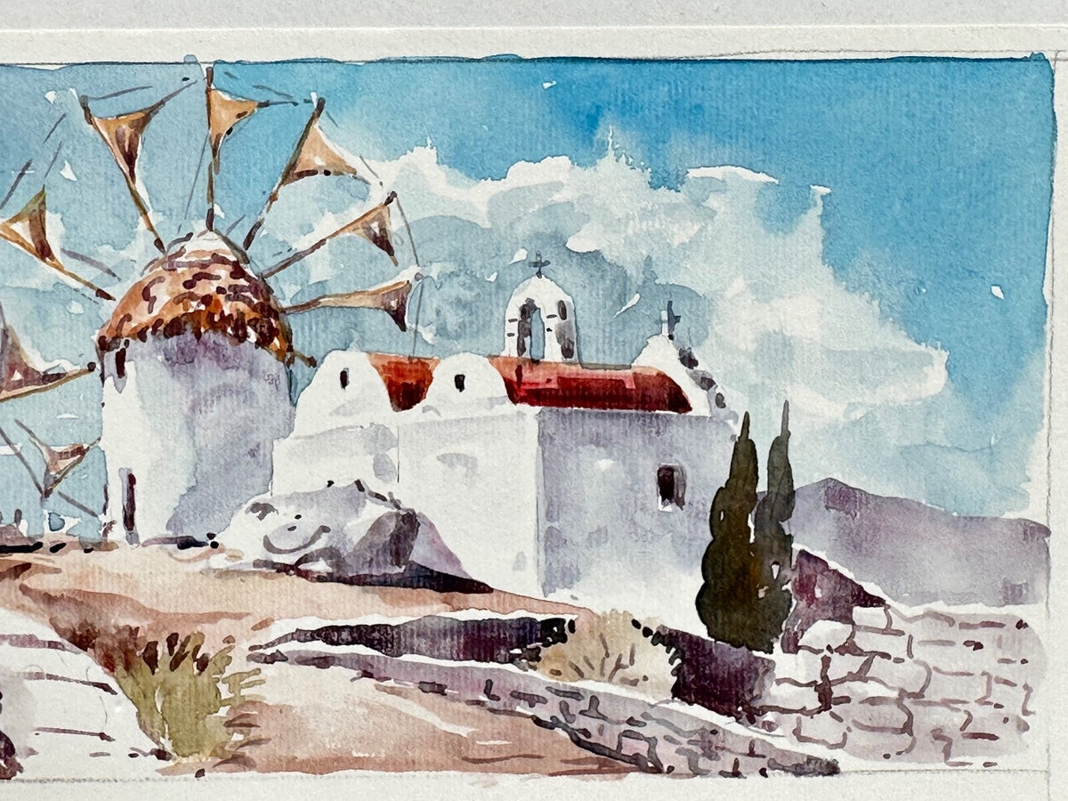 * AQUARELL GRIECHENLAND INSELN SANTORINI KAPATHOS WINDMÜHLE KAPELLE SOMMER