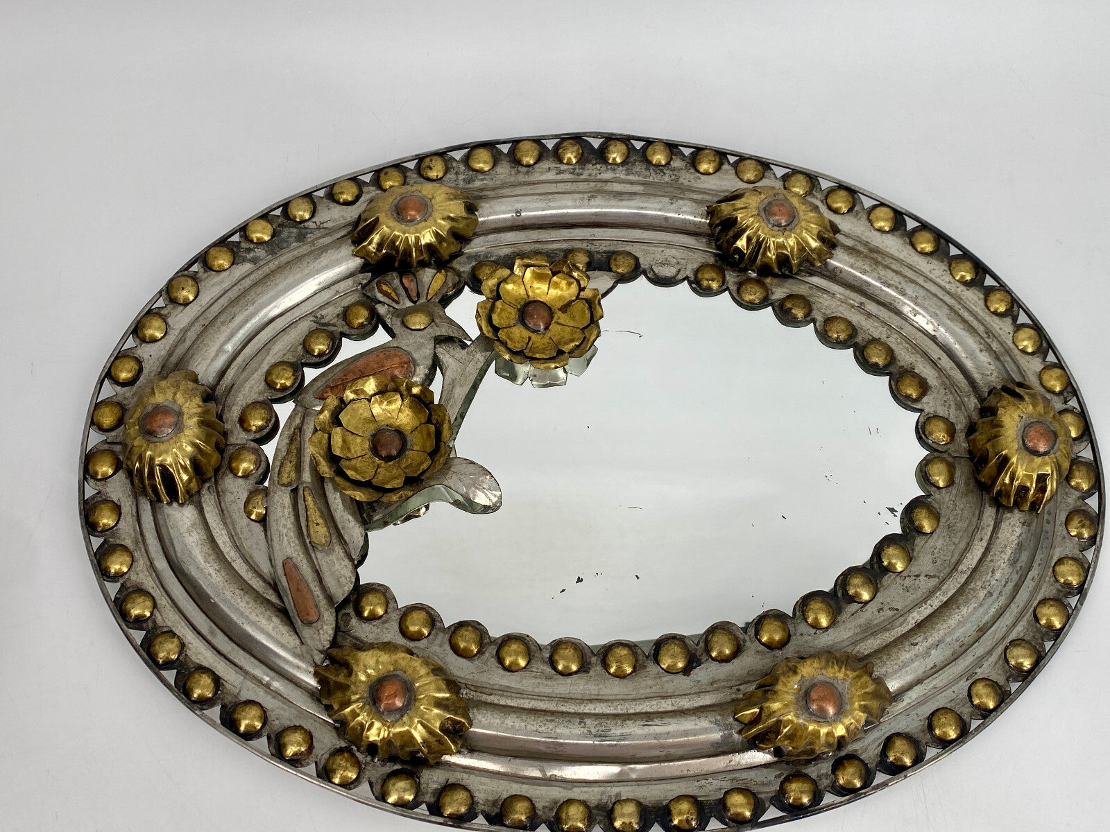 * OVALER WANDSPIEGEL METALLARBEIT VOGEL KUPFER MESSING HANDARBEIT