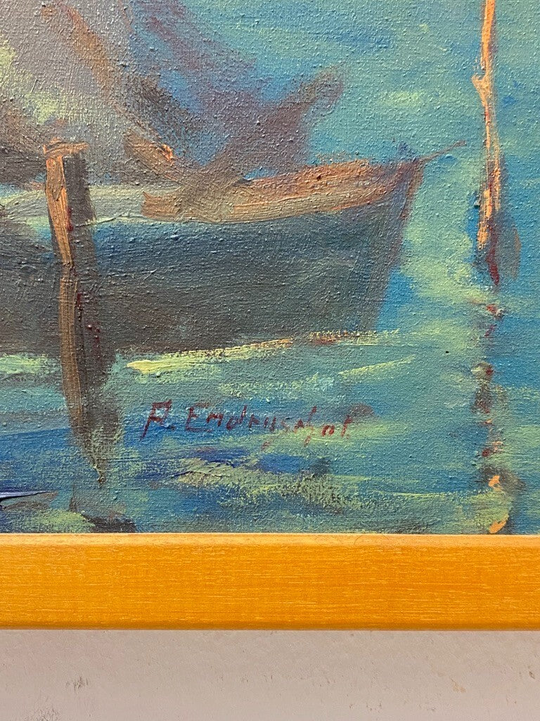 * ÖLGEMÄLDE GEMÄLDE AUGUST ENDRUSCHAT SEGELBOOT HAFEN MEER VINTAGE SIGNIERT