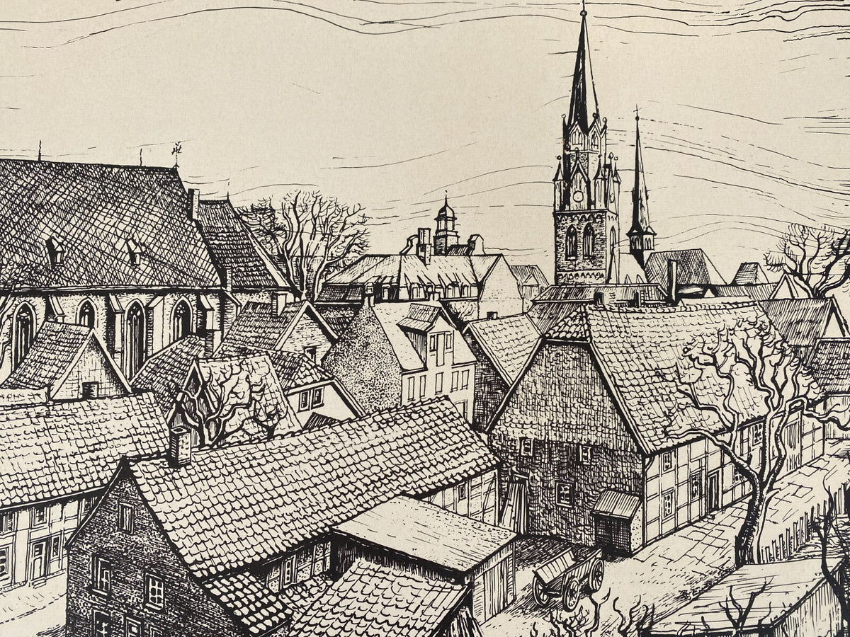 *HERMANN SCHWEIZER GRAFIK SIEBDRUCK STADTANSICHT AHLEN 1954-1976 SIGNIERT ORIGIN