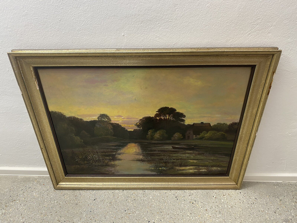 * ALBERT BLAETTER ABENDSTIMMUNG ÖLGEMÄLDE 30er FLUSS MOOR BOOT