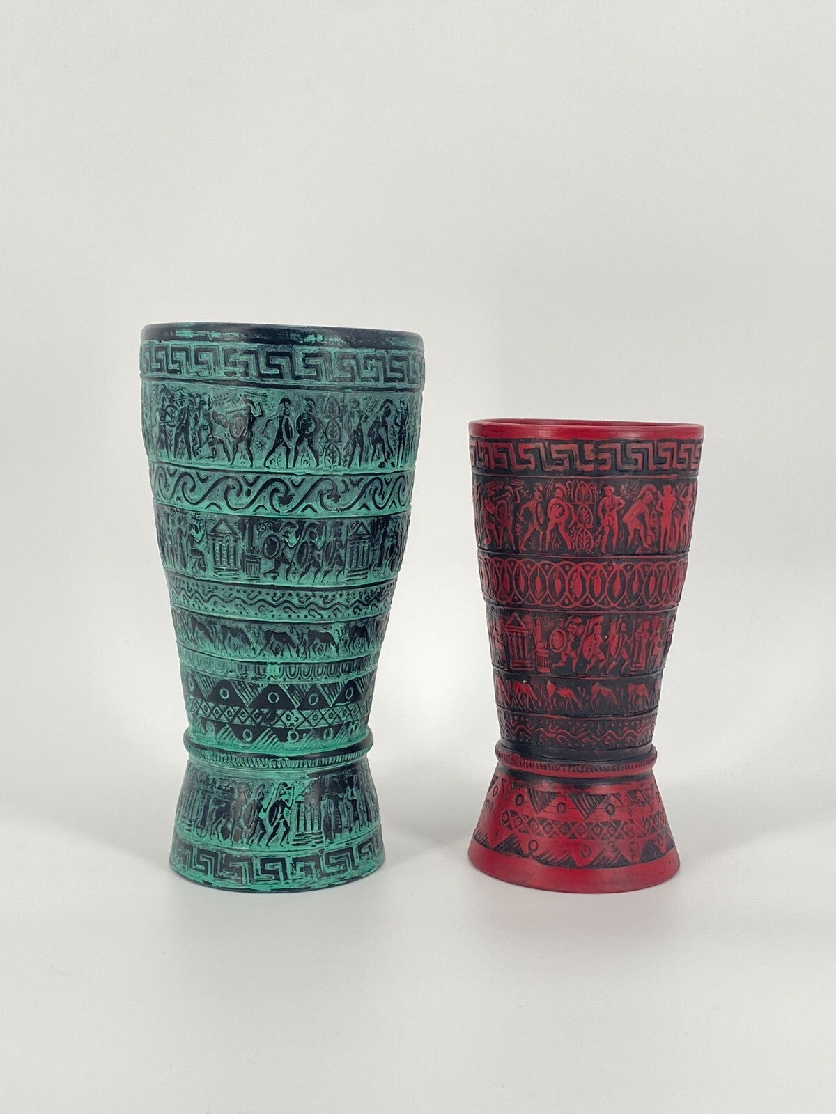 * 2x GRIECHISCHE KERAMIK VASEN RELIEF VASE SAVAS RHODES TÜRKIS ROT