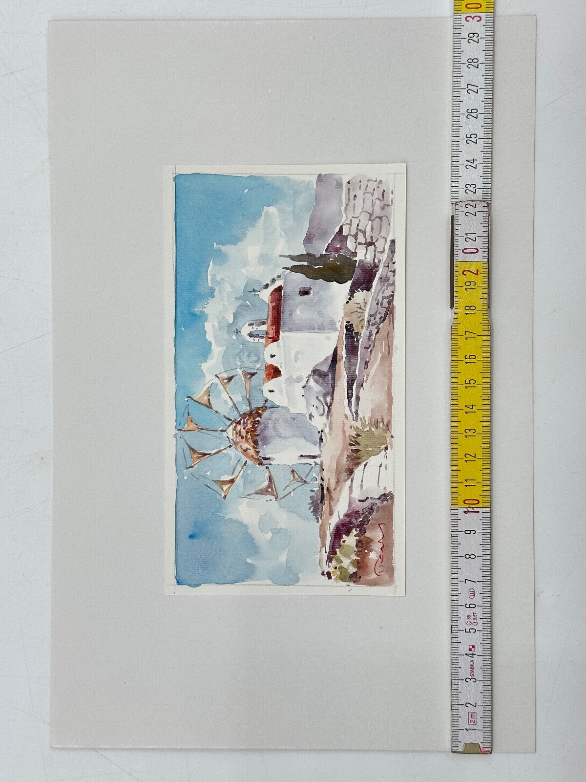 * AQUARELL GRIECHENLAND INSELN SANTORINI KAPATHOS WINDMÜHLE KAPELLE SOMMER