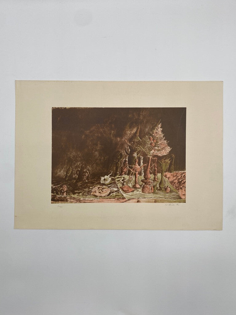 * KUNSTDRUCK ZEICHNUNG STILLEBEN ABSTRAKT VANITAS ROT GRÜN DRUCK PROBE SIGNIERT