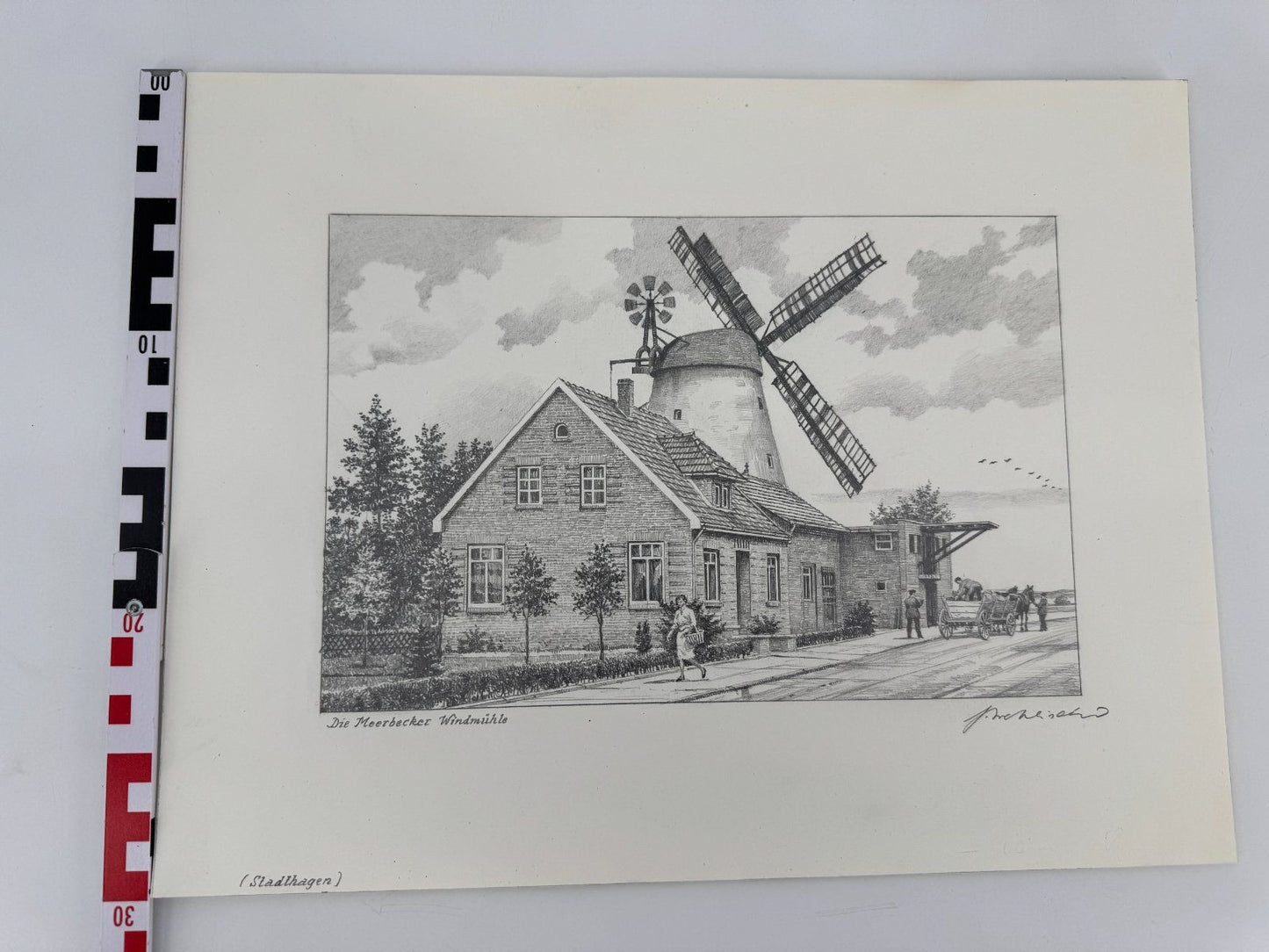 * HEINZ WEHLISCH ZEICHNUNG DIE WINDMÜHLE MEERBECK ANSICHT SIGNIERT