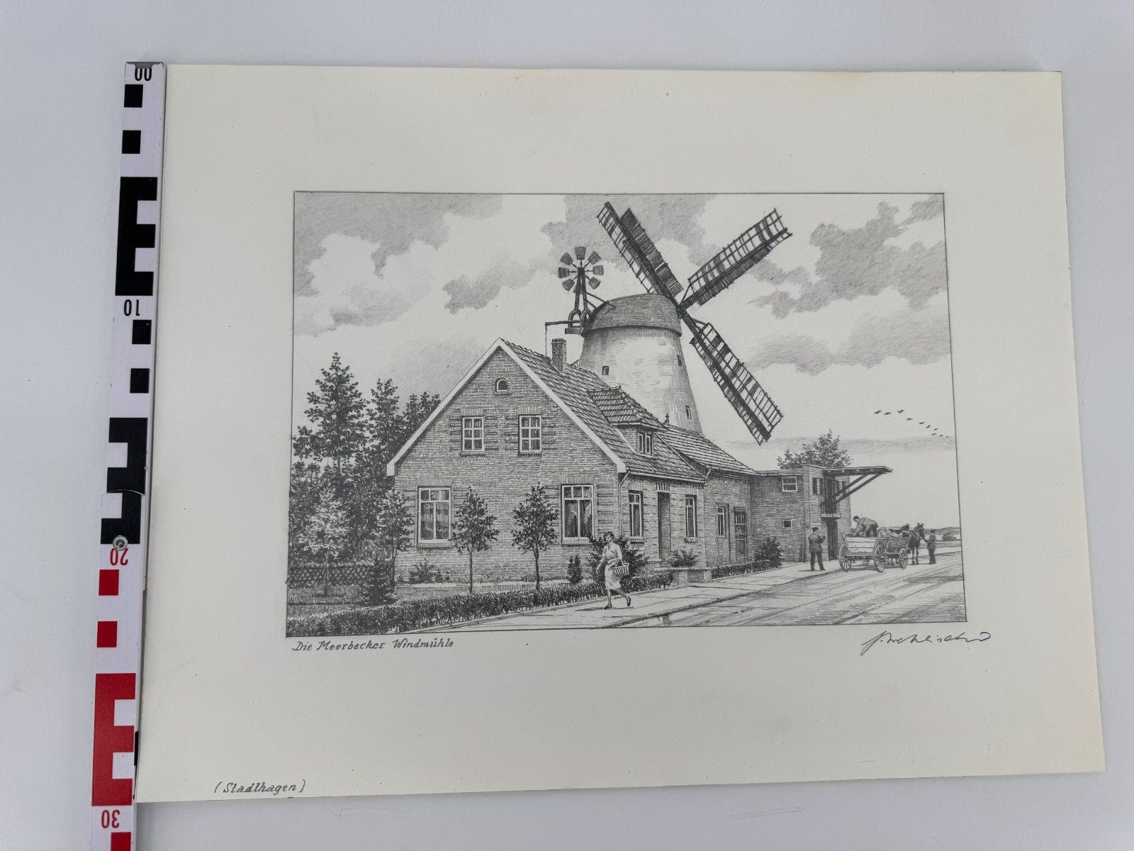 * HEINZ WEHLISCH ZEICHNUNG DIE WINDMÜHLE MEERBECK ANSICHT SIGNIERT