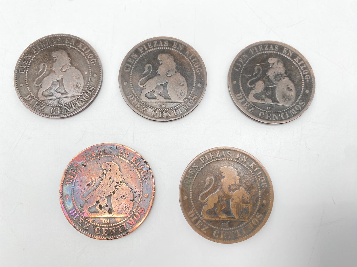 5X KUPFER MÜNZEN SPANIEN 10 CENTIMOS 1870  ÜBERGANGSREGIERUNG 1869  1874