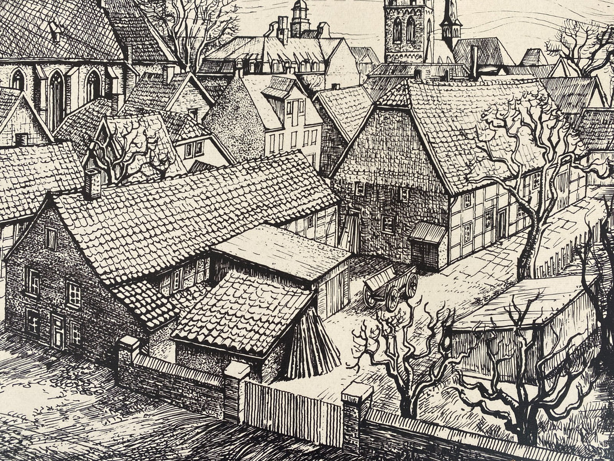 *HERMANN SCHWEIZER GRAFIK SIEBDRUCK STADTANSICHT AHLEN 1954-1976 SIGNIERT ORIGIN