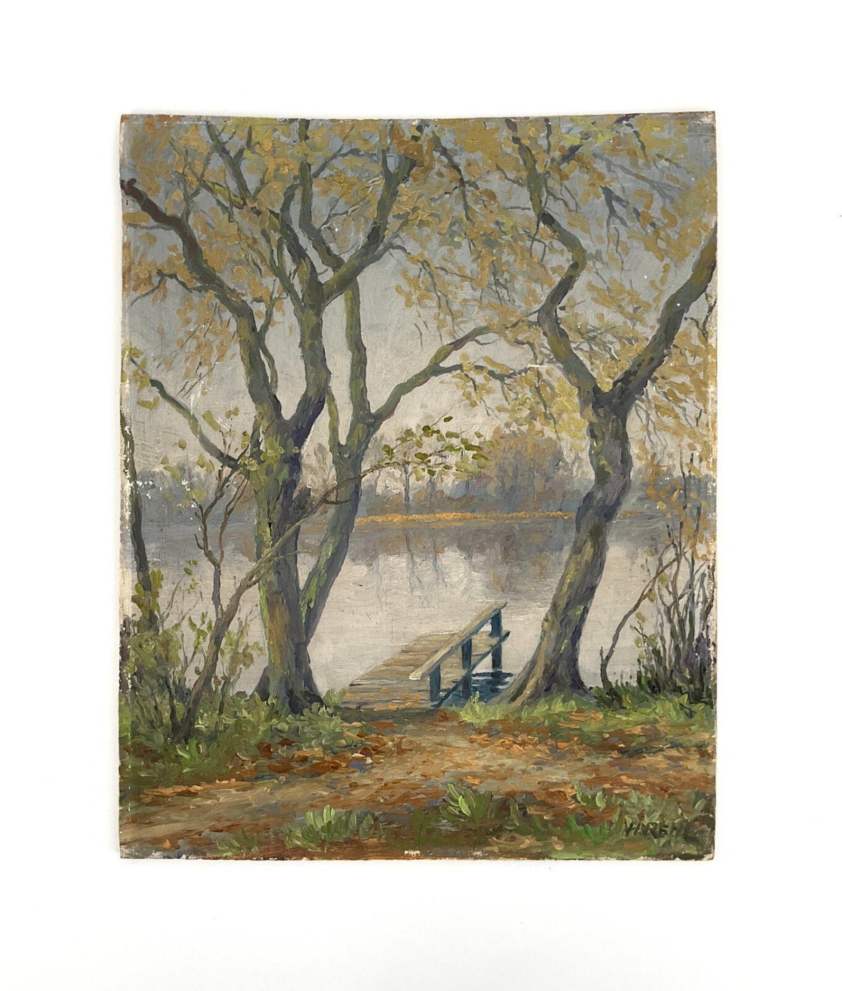 *ÖLGEMÄLDE H. REHL WALDANSICHT MIT SEE STEG FRÜHLING WIDMUNG