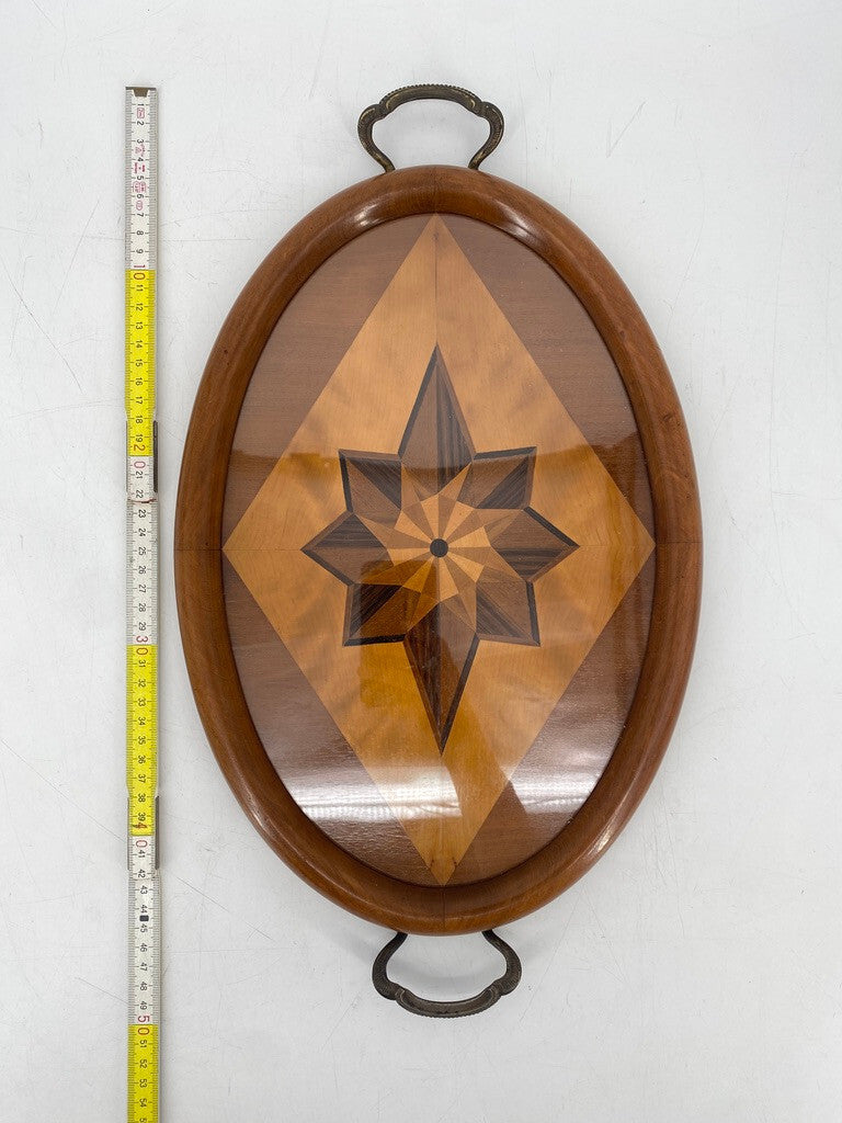 * TABLETT OVAL ANTIK 1900 HOLZ INTARSIEN STERN MESSING GLASPLATTE SERVIERTABLETT